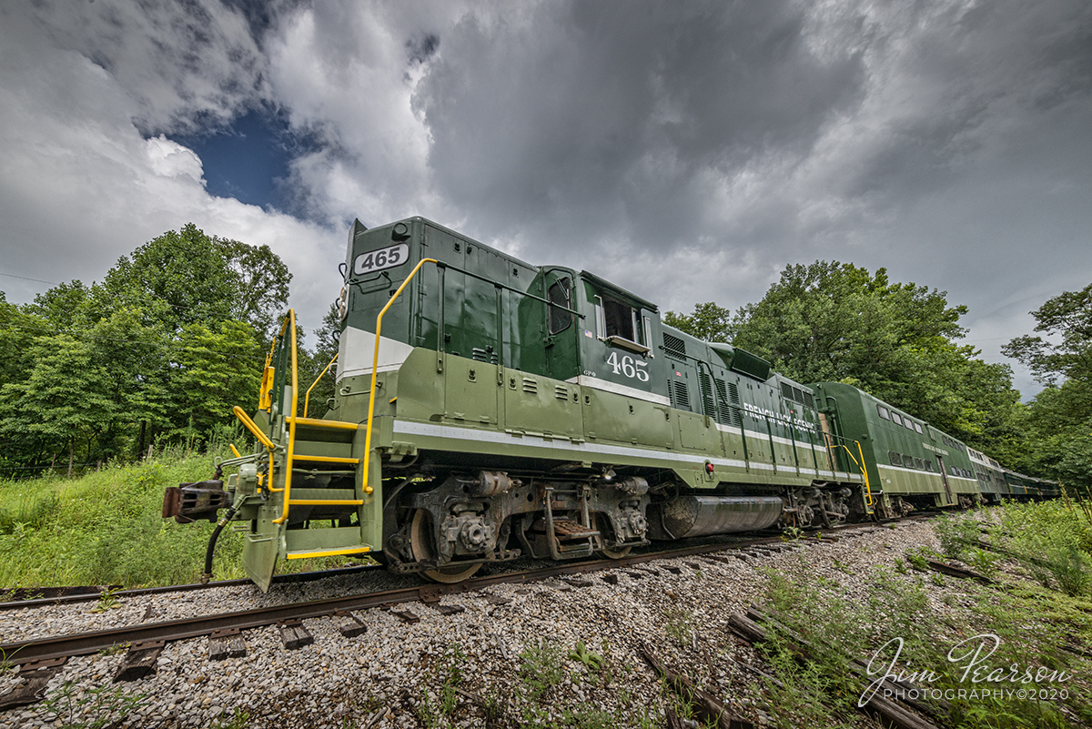 August 1, 2020 - Engine 465 (GP-9) leads the afternoon passenger train as it passes through the Indiana countryside on its way to Gradman Station on the French Lick Scenic Railway.

The Indiana Railway Museum currently operates as The French Lick Scenic Railway passenger trains over twenty-five miles of track between French Lick and Jasper, Indiana on the old Monon and Southern tracks. 

Tech Info: Full Frame Nikon D800, RAW, Irex 11mm, f/11, 1/500, ISO 280.