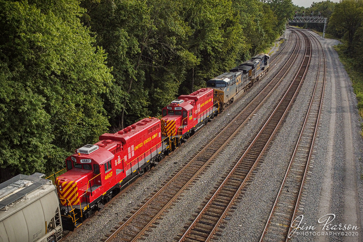 September 15, 2020 - CSX Q513-15 sits at the south end of Howell Yard after making a pickup as it waits for CSX Q028, 648 and 512 to clear his location so it can continue its move south on the Henderson Subdivision, with United States Army 4607 and 1869 running dead in tow as its last two units.

Both Army units look to be freshly painted and perhaps refurbished, although I've not been able to find out much details on them. Anyone have a clue?

Tech Info: DJI Mavic Mini Drone, JPG, 4.5mm (24mm equivalent lens) f/2.8, 1/640, ISO 100.