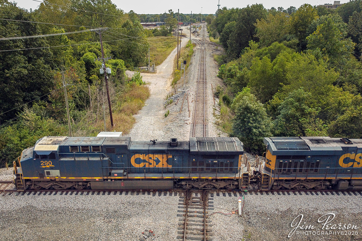 September 22, 2020 - CSXT 290 leads K997 across Trident as it heads north on the Henderson Subdivision at Madisonville, Kentucky. 

Tech Info: DJI Mavic Mini Drone, JPG, 4.5mm (24mm equivalent lens) f/2.8, 1/1000, ISO 100.