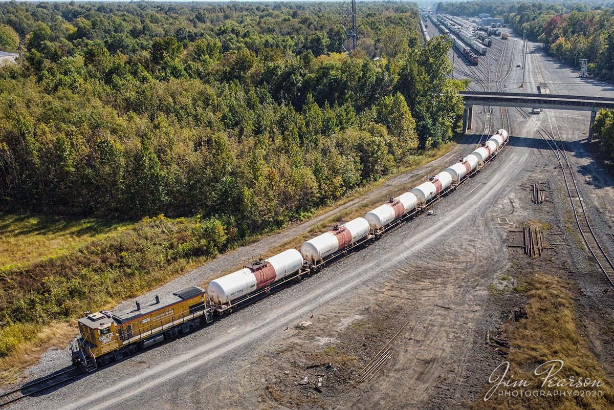 October 7, 2020 - A Paducah and Louisville Railway yard job crew uses GMTX 397 switcher to push cars into their yard from the north end at Paducah, Ky.

Tech Info: DJI Mavic Mini Drone, JPG, 4.5mm (24mm equivalent lens) f/2.8, 1/1250, ISO 100.