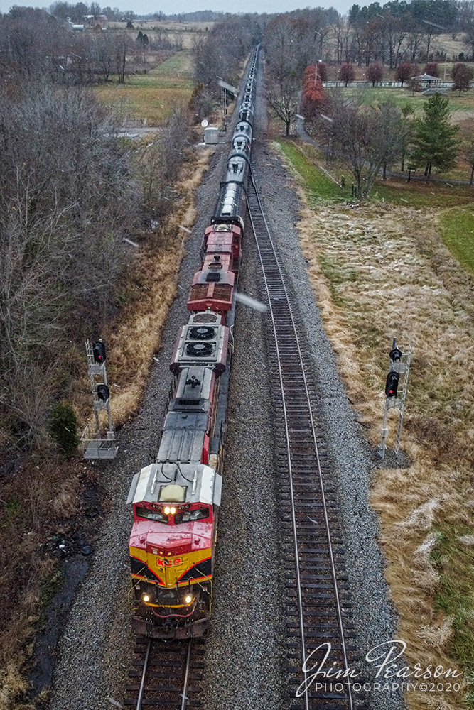 Kansas City Southern leads CSX K413-29 at Crofton, Ky

A light snow streaks trough the sky as loaded ethanol train CSX K413 heads south, with Kansas City Southern 4107 & Canadian Pacific 8849 leading, as it splits the signals on November 30th, 2020 as it makes its way south on the Henderson Subdivision.

Tech Info: DJI Mavic Mini Drone, JPG, 4.5mm (24mm equivalent lens) f/2.8, 1/240, ISO 400.