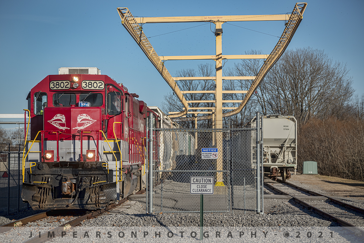 RJ Corman 3802 works Clarksville, Tennessee

On February 23rd, 2021 R.J. Corman (RJC) 3802 & 3804 lead the Cumberland City Turn as they work on dropping and picking up cars at Sanderson Pipe Corporation (SPC) off of International Blvd, in Clarksville, Tennessee on the Memphis Line.

This train is referred to as the Cumberland City turn and departs from Guthrie, Ky weekdays, usually in the morning, runs the Memphis Line to Cumberland City, TN and then returns after working industries like this one along the way.

The yellow structure to the center of the picture is what the employees of the SPC Pipe company attach their safety ropes to as they work on on unloading the cars.

The Memphis Line currently covers just over 113 track miles between Bowling Green, Ky and Cumberland City, TN, servicing 47 customers along the line. It interchanges with CSX on average six days a week at Bowling Green and Guthrie, Ky. The yard office for this line is located at Guthrie.

Tech Info: Nikon D800, RAW, Nikon 70-300 @116mm f/4.8, 1/1600, ISO 125.