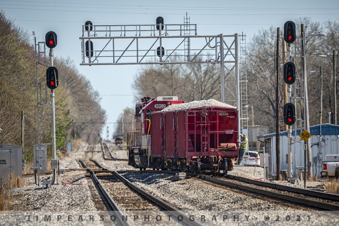 RJ Corman at CSX Crossover, Guthrie, Ky


The conductor maintains a 3-point contact as he rides the end ballast car as the engineer on RJ Corman 3802 pushes three loaded ballast cars through the CSX Crossover at the north end of the yard at Guthrie, Kentucky on March 20th, 2021 on the CSX Henderson Subdivision.


There used to be a diamond at this location for the RJ Memphis line, but it was changed to a crossover at some point in the past. Now, RJ Corman uses the crossover to access either side of their rail operations at Guthrie. Mostly they run a local on weekdays, which they call the Cumberland City Turn, departing early morning normally and returning late afternoon. They head toward the Bowling Green end of the Memphis Line from here when they have grain cars to pick up or drop off.

Tech Info: Nikon D800, RAW, Sigma 150-600mm @ 420mm, f/6, 1/640, ISO 160.