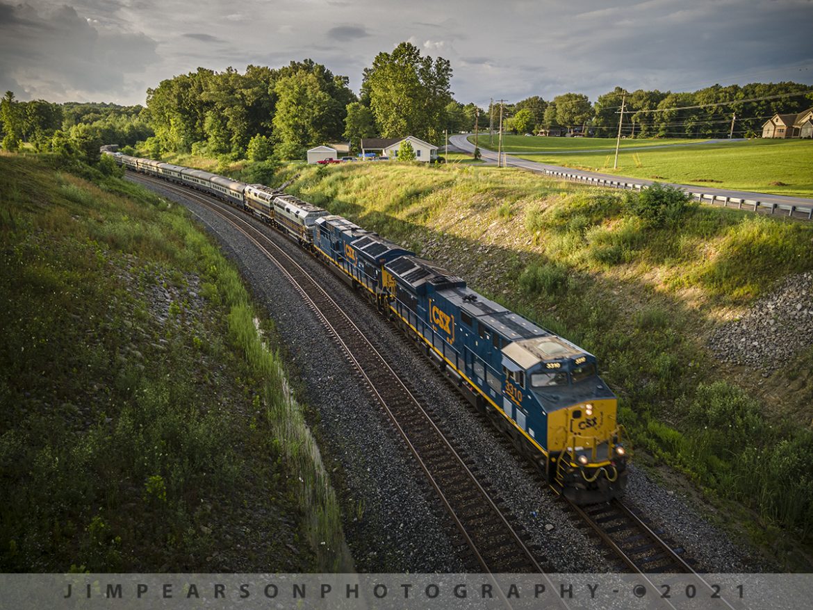 CSX Presidents Special P001 southbound at Nortonville, Ky

CSX Presidents Passenger train P001 heads south as it passes through the S curve at Nortonville, Ky on the Henderson Subdivision, with CSX Gevo units 3310, 3271 leading and CSXT 1 & 2 trailing as they pull 11 cars at a little over 1,000ft long. 

From what I'm told they had problems with PTC on CSXT 1 & 2 and that's why they had to put the Gevos on the front during their run back south on June 10th, 2021.

CSX repainted two of its F40PH locomotives, to be used on its business train, into predecessor Baltimore & Ohio's blue, gray, and black paint scheme. CSX1 is former 9998 (former Amtrak 288) and from what I can find out CSXT 2 is the former F40PH 9993 (former Amtrak 395) but can't really confirm it for sure. The other F40s are expected to be painted in the same scheme in the coming months as they are cycled through the shops.

Tech Info: DJI Mavic Air 2 Drone, RAW, 4.5mm (24mm equivalent lens) f/2.8, 1/125, ISO 100.
