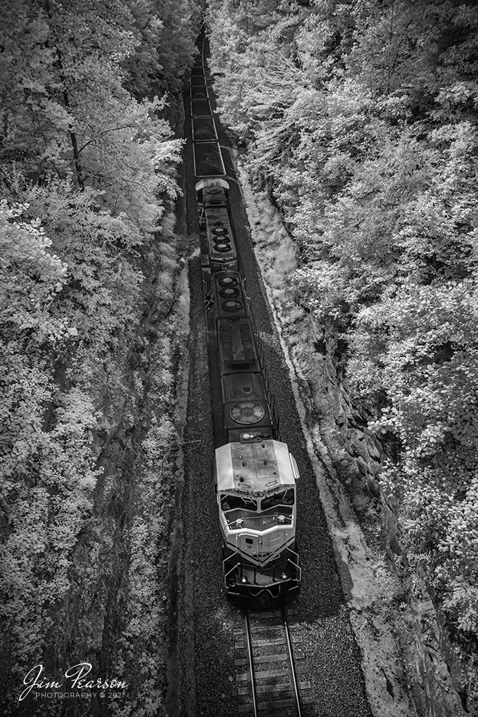 A view from the top of PAL LG1 Northbound to Louisville, Kentucky

An infrared shot (taken the now old fashion way) from the overpass on highway 85, a few miles south of Central City, Kentucky as Paducah and Louisville Railways Louisville Gas and Electric loaded coal train, LG1, passes through the cut there on its way north with another load for the power plant, as PAL University of Kentucky locomotives, 4522 and 2012 lead the way.

Tech Info: Fuji XT-1, RAW, Converted to 720nm B&W IR, Fuji 18-55 @18mm, f/2.8, 1/500, ISO 200, August 13, 2021.