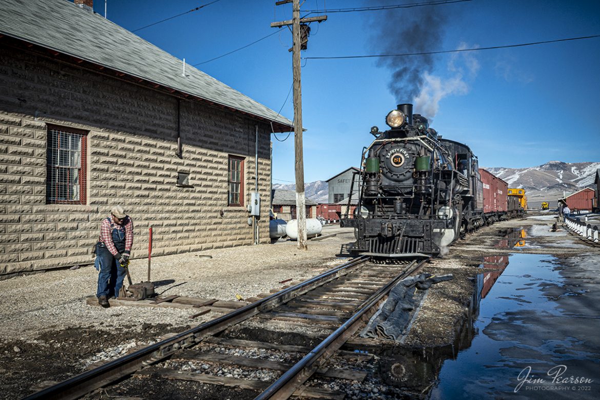 Mike Hughes, the fireman on Nevada Northern Railway #81, throws a switch in the yard at Ely, Nevada on February 13th, 2022 during the museums winter photo charter event as the train waits to move forward.

Nevada Northern No. 81 is a "Consolidation" type (2-8-0) steam locomotive that was built for the Nevada Northern in 1917 by the Baldwin Locomotive Works in Philadelphia, PA, at a cost of $23,700. It was built for Mixed service to haul both freight and passenger trains on the Nevada Northern railway.

According to Wikipedia: The Nevada Northern Railway Museum is a railroad museum and heritage railroad located in Ely, Nevada and operated by a historic foundation dedicated to the preservation of the Nevada Northern Railway.

Tech Info: Nikon D800, RAW, Nikon 10-24mm @ 200mm, f/5.6, 1/1250, ISO 140.

#trainphotography #railroadphotography #trains #railways #jimpearsonphotography #trainphotographer #railroadphotographer #steamtrains #nevadanorthernrailway