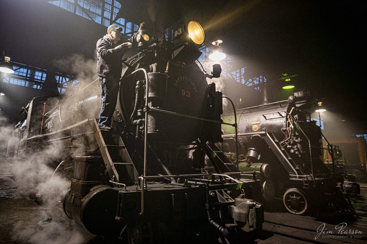 Nevada Northern Railway hostler Gary Hansen works on one of the marker lamps on engine 93 as he helps prepare the locomotive for another day of service at Ely, Nevada on February 12th, 2022. 

The hostler prepares an engine for the days duties before the crew arrives. During the age of steam, hostlers were a full-time position, and they covered the overnight span when the engines werent in use. Gary is also a diesel locomotive engineer for the NNRY.

Locomotive #93 is a 2-8-0 that was built by the American Locomotive Company in January of 1909 at a cost of $17,610. It was the last steam locomotive to retire from original revenue service on the Nevada Northern Railway in 1961 and was restored to service in 1993.

According to Wikipedia: The Nevada Northern Railway Museum is a railroad museum and heritage railroad located in Ely, Nevada and operated by a historic foundation dedicated to the preservation of the Nevada Northern Railway.

Tech Info: Nikon D800, RAW, Nikon 10-24mm @ 15mm, f/5.6, 1/125, ISO 1000.

#trainphotography #railroadphotography #trains #railways #jimpearsonphotography #trainphotographer #railroadphotographer #steamtrains #nevadanorthernrailway