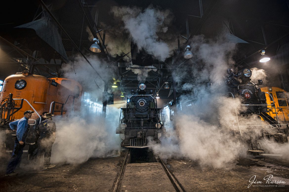 Hostlers for Nevada Northern Railway watch as engine 81 backs out of the engine house into the frigid morning air at Ely, Nevada, during the museums 2022 Winter Photo Charter event on February 13th, 2022.


The Hostler is responsible for preparing the locomotive for use and maintaining safe and appropriate conditions. He will also direct and monitor the activities of the Hostler Helpers in their duties. The Hostler MUST have a thorough knowledge of the locomotive appliances and the operation of each. 


The Nevada Northern Railway Museum is a railroad museum and heritage railroad located in Ely, Nevada and operated by a historic foundation dedicated to the preservation of the Nevada Northern Railway.


Locomotive #81 is a "Consolidation" type (2-8-0) steam locomotive that was built for the Nevada Northern in 1917 by the Baldwin Locomotive Works in Philadelphia, PA, at a cost of $23,700. It was built for Mixed service to haul both freight and passenger trains on the Nevada Northern railway.


Tech Info: Nikon D800, RAW, Nikon 10-24 @ 10mm, f/3.5, 1/160, ISO 400.


#nevadanorthernrailway #trainphotography #railroadphotography #trains #railways #jimpearsonphotography #trainphotographer #railroadphotographer #jimpearsonphotography