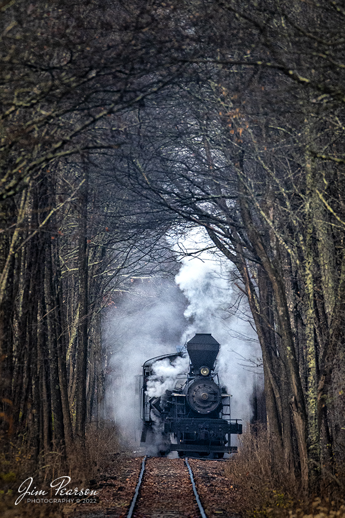 Meadow River Lumber Company steam locomotive, Heisler No. 6, heads into the wye in the early morning at Durban, West Virginia, to pick up a set of freight cars, during the Mountain Rail WV, Rail Heritage Photography Weekend. The event was held at the Durbin & Greenbrier Valley Railroad, Durbin, WV, and Cass Scenic Railroad, Cass, WV, from November 4-6th, 2022. Heisler No. 6 was built in 1929 and is a Class C-90 locomotive with 3 trucks. The tunnel of trees really draws attention to the locomotive emerging from a cloud of steam on November 4th, 2022.

According to Wikipedia: The Durbin and Greenbrier Valley Railroad (reporting mark DGVR) is a heritage and freight railroad in the U.S. states of Virginia and West Virginia. It operates the West Virginia State Rail Authority-owned Durbin Railroad and West Virginia Central Railroad (reporting mark WVC), as well as the Shenandoah Valley Railroad in Virginia.

Beginning in 2015, DGVR began operating the historic geared steam-powered Cass Scenic Railroad, which was previously operated by the West Virginia Division of Natural Resources as part of Cass Scenic Railroad State Park.

Tech Info: Nikon D800, RAW, Sigma 150-600mm @ 600mm, f/5.6, 1/400, ISO 3200.

#trainphotography #railroadphotography #trains #railways #dronephotography #trainphotographer #railroadphotographer #jimpearsonphotography #cassscenicrailway #durbinandgreenbriervalleyrr #trainsfromtheair#steamtrains