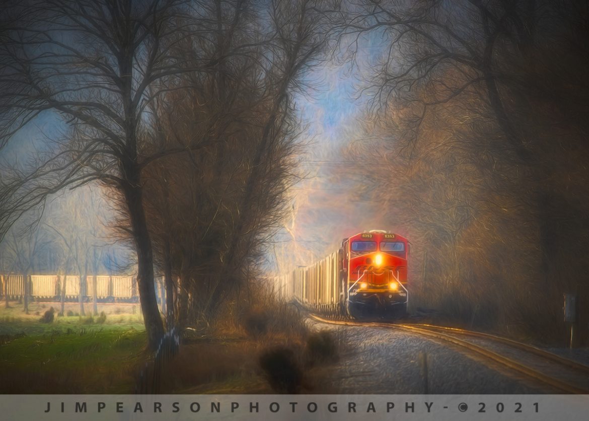 February 8, 2020 - BNSF 6353 & CN 2126 lead a northbound empty coal train, 7,400ft (135 car), with BNSF 5997 as the trailing DPU. Here it makes it's way north through the valley approaching Caneyville, Kentucky where it will meet up with a fresh crew to take the train on to Louisville.