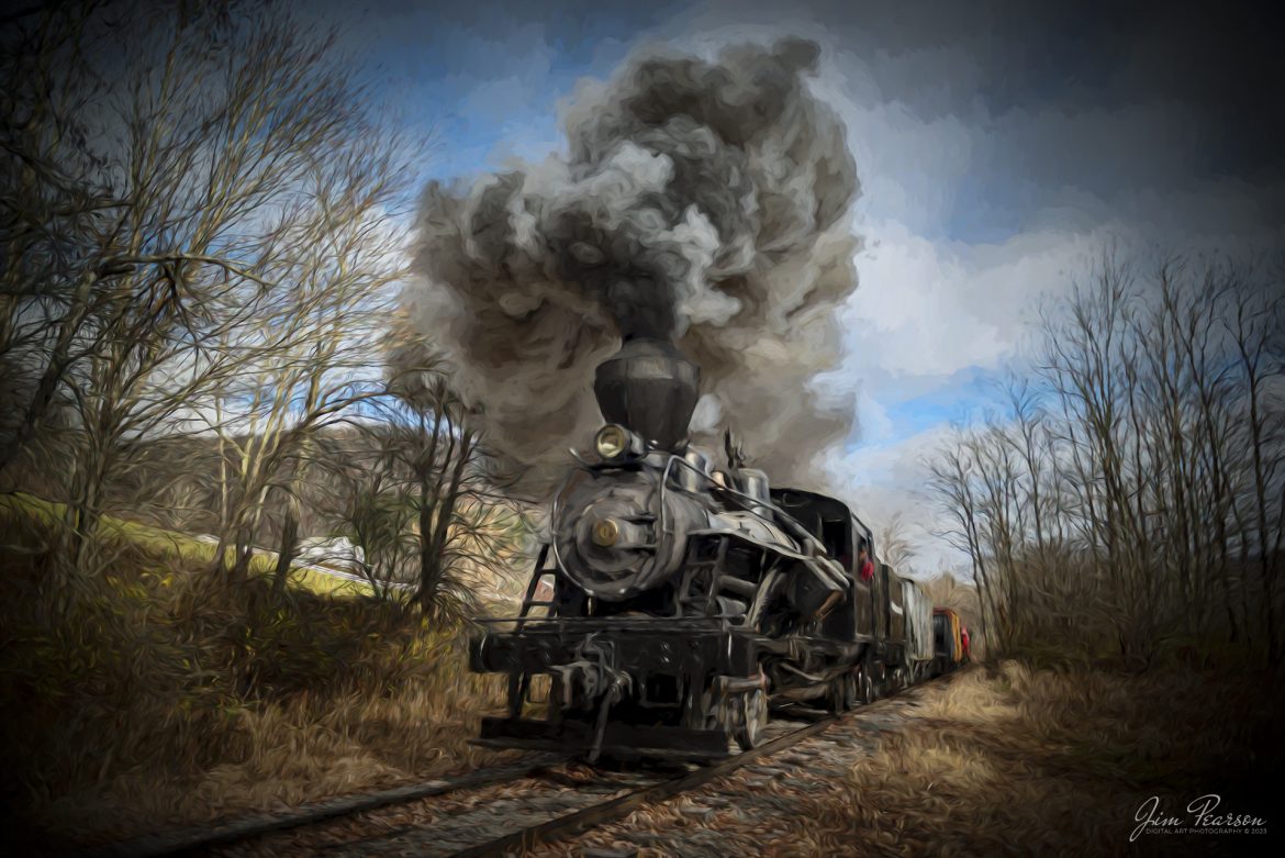 Digital Art - On November 4th, 2022, Meadow River Lumber Company steam locomotive, Heisler No. 6 passes through Nottingham, WV, during the Mountain Rail WV, Rail Heritage Photography Weekend. The event was held at the Durbin & Greenbrier Valley Railroad, Durbin, WV, and Cass Scenic Railroad, Cass, WV, from November 4-6th, 2022. Heisler No. 6 was built in 1929 and is a Class C-90 locomotive with 3 trucks.

According to Wikipedia: The Durbin and Greenbrier Valley Railroad (reporting mark DGVR) is a heritage and freight railroad in the U.S. states of Virginia and West Virginia. It operates the West Virginia State Rail Authority-owned Durbin Railroad and West Virginia Central Railroad (reporting mark WVC), as well as the Shenandoah Valley Railroad in Virginia.

Beginning in 2015, DGVR began operating the historic geared steam-powered Cass Scenic Railroad, which was previously operated by the West Virginia Division of Natural Resources as part of Cass Scenic Railroad State Park.

Tech Info: Nikon D800, RAW, Nikon 10-24mm @ 24mm, f/2.8, 1/1000, ISO 140.

#trainphotography #railroadphotography #trains #railways #trainphotographer #railroadphotographer #jimpearsonphotography #cassscenicrailway #durbinandgreenbriervalleyrr #steamtrains