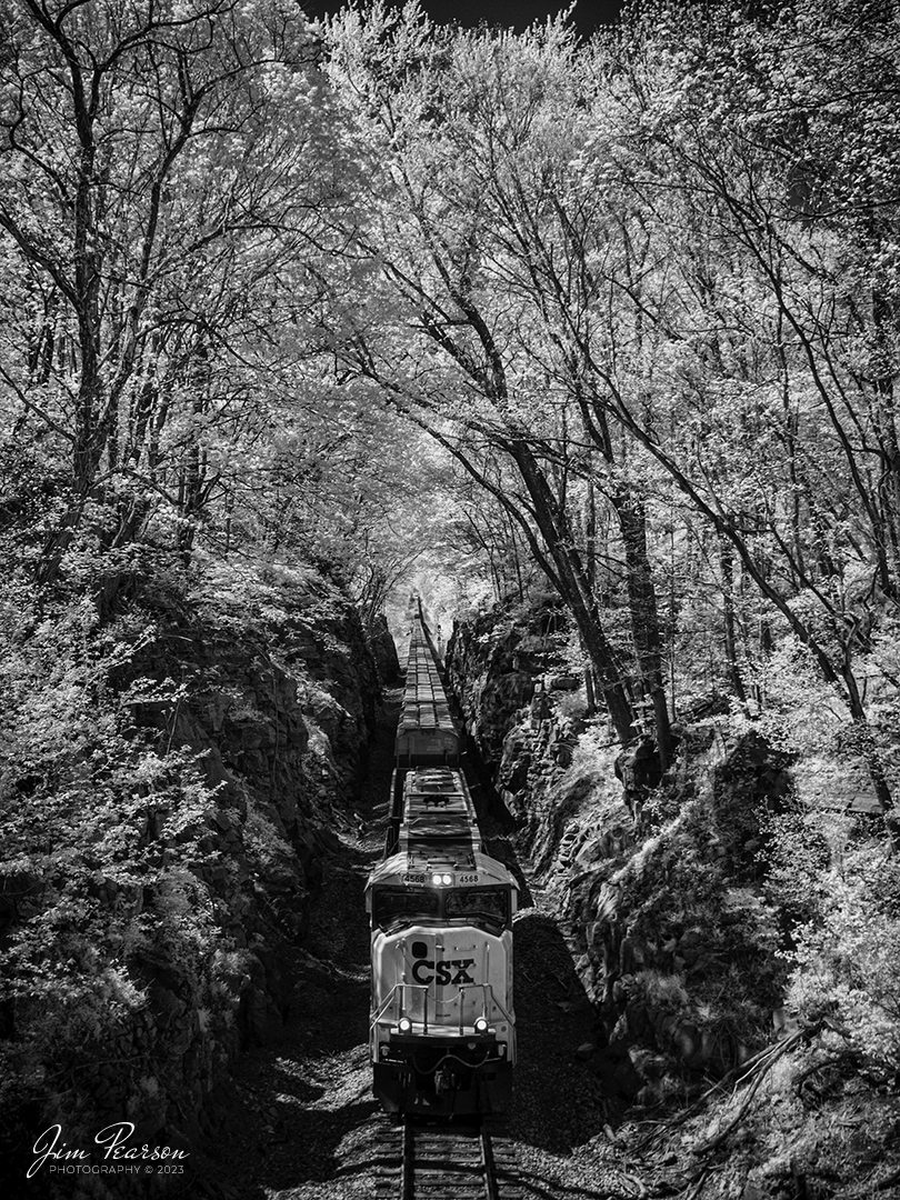 This weeks Saturday Infrared photo is of CSX X513 headed south through the Red River Cut with the CSX Operation Lifesaver locomotive CSXT 4568 leading, as they approach the highway 41 overpass at Adams, TN on April 12th, 2023.

According to a CSX press release: CSX unveiled a new OLI rail safety commemorative locomotive in September of 2022, and it was painted at the railroads locomotive shop in Huntington, West Virginia. The CSXT 4568 engine will travel the companys rail network as a visual reminder for the public to be safe at highway-rail grade crossings and near railroad tracks.

Tech Info: Fuji XT-1, RAW, Converted to 720nm B&W IR, Nikon 10-24mm @24mm, f/4.5, 1/500, ISO 400.

#trainphotography #railroadphotography #trains #railways #jimpearsonphotography #infraredtrainphotography #infraredphotography #trainphotographer #railroadphotographer #csxrailroad #csxhendersonsubdivision