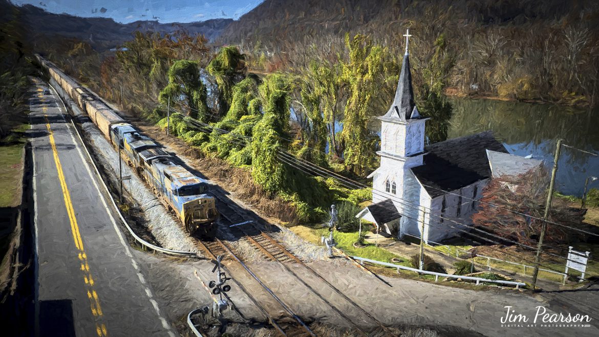 Digital Art Photo - CSXT 7905 leads grain train G115 as it passes the Good Shepard Church at East Bank, West Virginia as it heads north on the Kanawha Subdivision on a beautiful fall afternoon on November 3rd, 2022.

Tech Info: DJI Mavic Air 2S Drone, 22mm, f/2.8, 1/1250, ISO 130.

#trainphotography #railroadphotography #trains #railways #dronephotography #trainphotographer #railroadphotographer #jimpearsonphotography