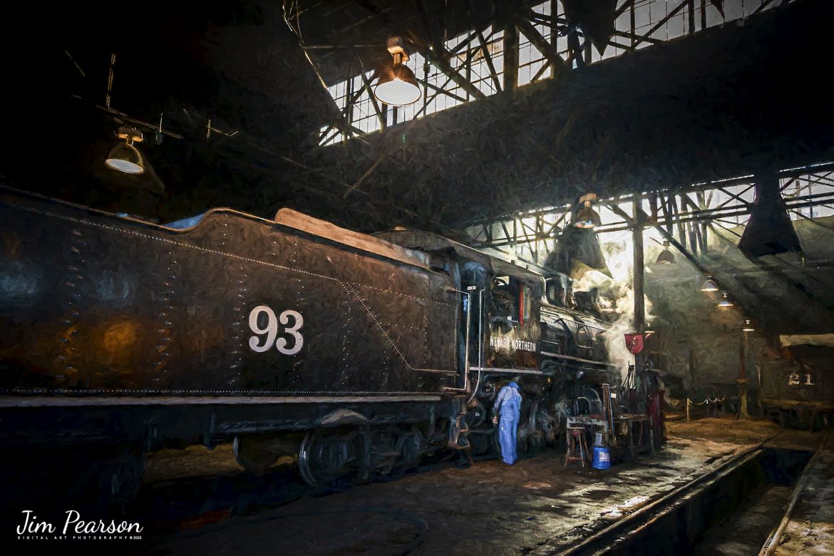 Nevada Northern Railway engine 93 sits quietly chuffing away, as beams of sunlight stream through the engine house windows as a crewmember works on the engine, after another day of work at Ely, Nevada on February 11th, 2022. 

Locomotive #93 is a 2-8-0 that was built by the American Locomotive Company in January of 1909 at a cost of $17,610. It was the last steam locomotive to retire from original revenue service on the Nevada Northern Railway in 1961 and was restored to service in 1993.

According to Wikipedia: “The Nevada Northern Railway Museum is a railroad museum and heritage railroad located in Ely, Nevada and operated by a historic foundation dedicated to the preservation of the Nevada Northern Railway.

Tech Info: Nikon D800, RAW, Nikon 10-24mm @ 14mm, f/5.6, 1/320, ISO 1000.