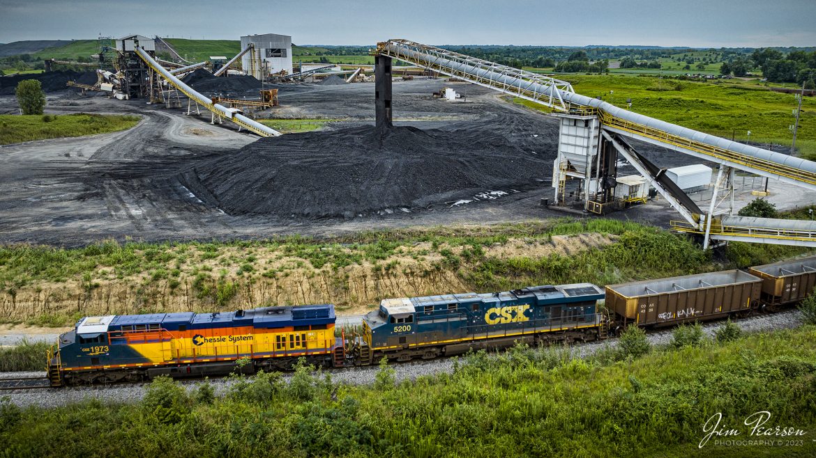 CSX Heritage series locomotive 1973, the Chessie System unit, pulls its empty coal train under the belt line at Warrior Coal Loop, outside of Nebo, Kentucky on August 13th, 2023, as it prepares to load CSX R592.

According to Wikipedia: The three railroads that would make up the Chessie System had been closely related since the 1960s. C&O had acquired controlling interest in B&O in 1962, and the two had jointly controlled WM since 1967.
Chessie System, Inc. was a holding company that owned the Chesapeake and Ohio Railway (C&O), the Baltimore and Ohio Railroad (B&O), the Western Maryland Railway (WM), and Baltimore and Ohio Chicago Terminal Railroad (B&OCT). Trains operated under the Chessie name from 1973 to 1987.

On November 1, 1980, Chessie System merged with Seaboard Coast Line Industries to form CSX Corporation. Initially, the three Chessie System railroads continued to operate separately, even after Seaboard's six Family Lines System railroads were merged into the Seaboard System Railroad on December 29, 1982. That began to change in 1983, when the WM was merged into the B&O. The Chessie image continued to be applied to new and re-painted equipment until July 1, 1986, when CSXT introduced its own paint scheme. In April 1987, the B&O was merged into the C&O. In August 1987, C&O merged into CSX Transportation, a 1986 renaming of the Seaboard System Railroad, and the Chessie System name was retired.

Tech Info: DJI Mavic 3 Classic Drone, RAW, 24mm, f/2.8, 1/400, ISO 150.

#trainphotography #railroadphotography #trains #railways #dronephotography #trainphotographer #railroadphotographer #jimpearsonphotography #trains #csxt #mavic3classic #drones #trainsfromtheair #trainsfromadrone #CSXHeritageUnits