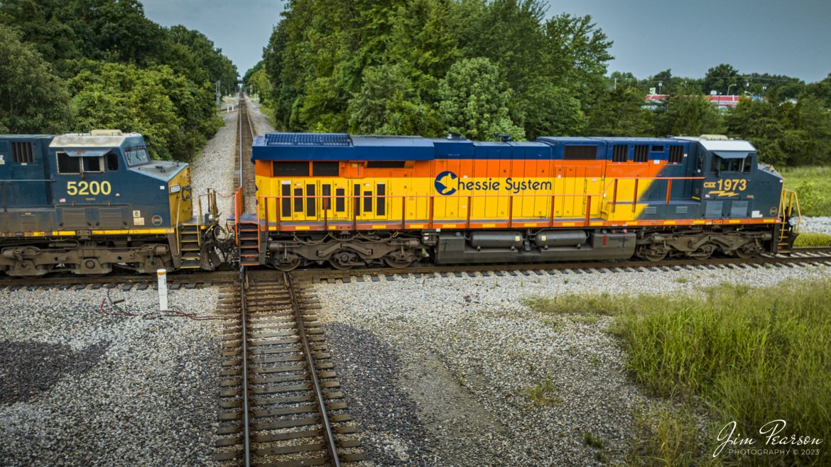 CSX Heritage series locomotive 1973, the Chessie System unit, pulls a empty coal train at Trident in Madisonville, Kentucky onto the Morganfield Branch as they head for the Warrior Coal Loop, outside of Nebo, Kentucky on August 13th, 2023, where it will load their train CSX R592.

According to Wikipedia: The three railroads that would make up the Chessie System had been closely related since the 1960s. C&O had acquired controlling interest in B&O in 1962, and the two had jointly controlled WM since 1967.

Chessie System, Inc. was a holding company that owned the Chesapeake and Ohio Railway (C&O), the Baltimore and Ohio Railroad (B&O), the Western Maryland Railway (WM), and Baltimore and Ohio Chicago Terminal Railroad (B&OCT). Trains operated under the Chessie name from 1973 to 1987.

On November 1, 1980, Chessie System merged with Seaboard Coast Line Industries to form CSX Corporation. Initially, the three Chessie System railroads continued to operate separately, even after Seaboard's six Family Lines System railroads were merged into the Seaboard System Railroad on December 29, 1982. That began to change in 1983, when the WM was merged into the B&O. The Chessie image continued to be applied to new and re-painted equipment until July 1, 1986, when CSXT introduced its own paint scheme. In April 1987, the B&O was merged into the C&O. In August 1987, C&O merged into CSX Transportation, a 1986 renaming of the Seaboard System Railroad, and the Chessie System name was retired.

Tech Info: DJI Mavic 3 Classic Drone, RAW, 24mm, f/2.8, 1/320, ISO 130.

#trainphotography #railroadphotography #trains #railways #dronephotography #trainphotographer #railroadphotographer #jimpearsonphotography #trains #csxt #mavic3classic #drones #trainsfromtheair #trainsfromadrone #CSXHeritageUnits