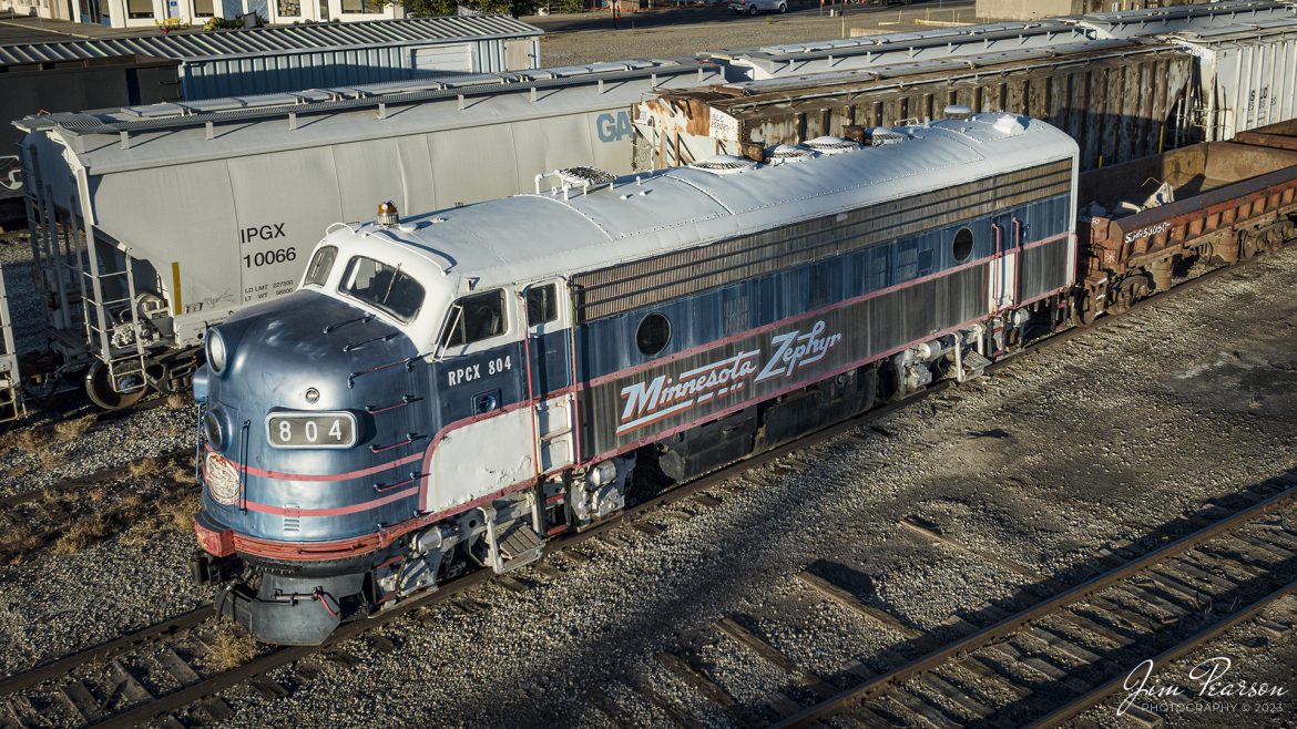 During my recent trip to Colorado to chase steam we stayed in Alamosa for the Cumbres and Toltec portion of the trip. On October 18th, 2023, I captured this shot of Minnesota Zephyr F7 804 (RPCX 804) sitting in the Colorado Pacific Rio Grande Railroad (SL&RG) yard there. 

According to Railfan and Railroad Magazine, The F7 was always a rarity on Alco-dominated SP&S, which bought just three F3s and four F7s, compared to 34 of Alco’s FA models. Even today, five of the Alco cab units exist in some form but the former SP&S 804 is only EMD cab. Built in January 1953, all four F7s worked as Burlington Northern units nearly a decade after the Alcos were scrapped or sold off, but only 804 found a second career when it was retired in 1981. After several short line stints, the engine was used on the Minnesota Zephyr excursion in the late 1990s. That folded in 2007 and the engine sat in Stillwater, Minn., until it was purchased for the Iowa Pacific Holdings-owned San Luis & Rio Grande and moved to Colorado in 2015. It was at risk of being sold for scrap during the recent bankruptcy liquidation of SL&RG, but was rescued thanks to contributions by members of the SP&S Historical Society.

Tech Info: DJI Mavic 3 Classic Drone, RAW, 22mm, f/8, 1/1600, ISO 130.

#trainphotography #railroadphotography #trains #railways #jimpearsonphotography #trainphotographer #railroadphotographer #dronephoto #trainsfromadrone #ColoradoTrains