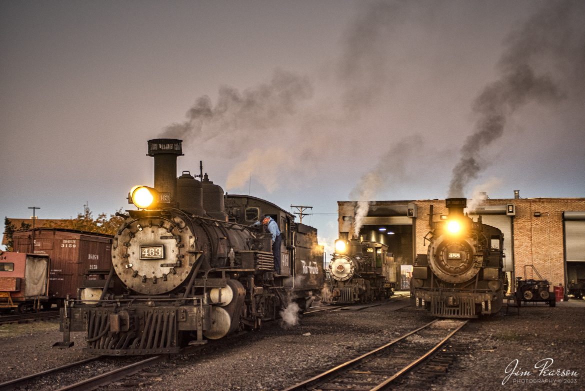 The hostler on Cumbres and Toltec Scenic Railway 463 works on the engine at dusk as it, along with 168 and 488 rest outside the engine house at Antonito, Colorado after a day of work. Dusk is a magical time to capture images anywhere, but this was during photoshoot hosted by Dak Dillion Photography during a two-day photo charter, between Antonito and Osier, CO.

Tech Info: Nikon D810, RAW, Sigma 24-70 @52mm, f/8, 1/125, ISO 900.

#trainphotographer #railroadphotographer #jimpearsonphotography #NikonD800 #digitalphotoart #steamtrain #ColoradoSteamTrain #ctsrr