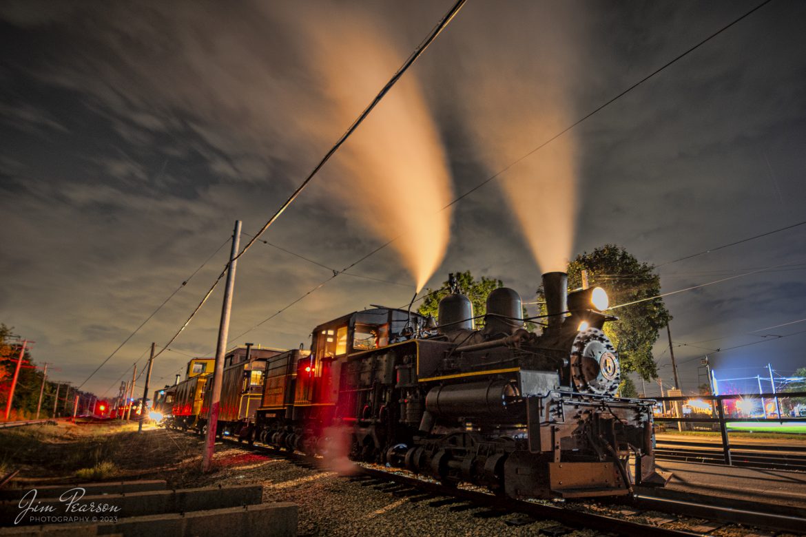 J. Neils Lumber Company Shay number 5 sits in the station at the Illinois Railway Museum (IRM) at night as they wait to depart with a pull, push, caboose train, with Commonwealth Edison 4 on the other end, on September 16th, 2023, during the museum’s 70th anniversary celebration weekend at Union, Illinois.

According to the IRM Website: J. Neils Lumber Company 5 is the museum’s only geared locomotive. It is a Shay, designed with three cylinders mounted vertically on the engineer’s side that power a drive shaft running the length of the engine alongside the wheels. This allows all wheels to be powered using bevel gears. Shays were extremely slow but were powerful and could negotiate uneven track and sharp curves, making them popular with logging and mining companies.

Tech Info: Nikon D800, Nikon 10-24 @ 24mm, f/3.5, 30 seconds, ISO 160.

#trainphotography #railroadphotography #trains #railways #trainphotographer #railroadphotographer #jimpearsonphotography #PassengerTrain #IllinoisRailwayMuseum #IllinoisTrains #steamtrain