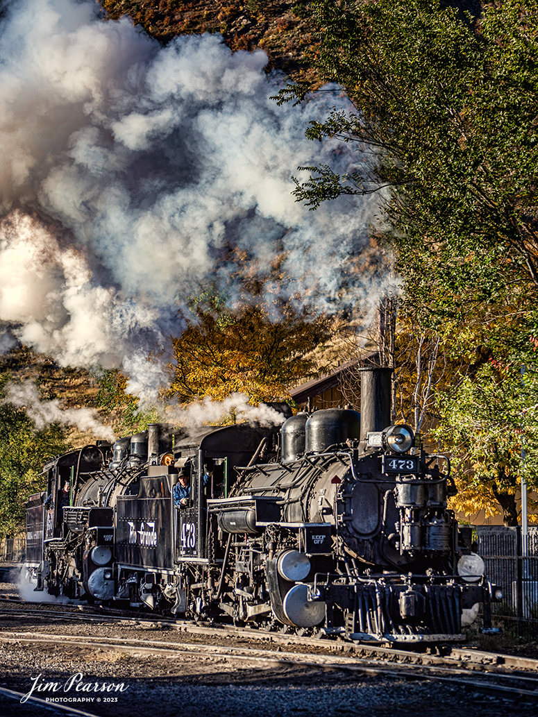 Denver and Rio Grande Western 473 and 493 pull out of the yard to hook up to the first daily passenger train of the day for their run between Durango and Silverton, Colorado, on October 18th, 2023.

Tech Info: Nikon D810, RAW, Sigma 24-70 @ 24mm, f/4.5, 1/1000, ISO 64.

#railroad #railroads #train #trains #bestphoto #railroadengines #picturesoftrains #picturesofrailway #bestphotograph #photographyoftrains #trainphotography #JimPearsonPhotography #DurangoandSilvertonRailroad