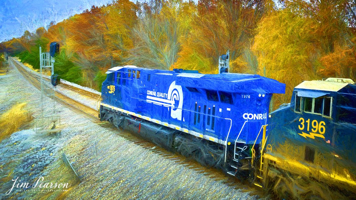 Digital Photo Art – CSX Conrail Heritage Unit, CSXT 1976 leads M512 as it pulls north at Kelly, Kentucky on November 9th, 2023, on the CSX Henderson Subdivision on an overcast fall evening.

Tech Info: DJI Mavic 3 Classic Drone, RAW, 22mm, f/2.8, 1/500, ISO 210.

#railroad #railroads #train #trains #bestphoto #railroadengines #picturesoftrains #picturesofrailway #bestphotograph #photographyoftrains #trainphotography #JimPearsonPhotography #csxheritageunits #csxhendersonsubdivision