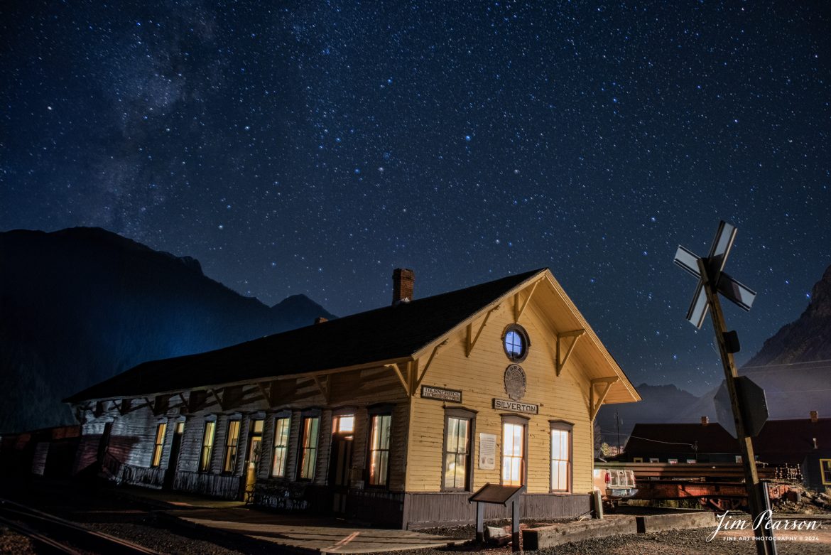 Denver and Rio Grande Western Silverton Station sits under the stary skies, with the Milky Way to the left, at Silverton, Colorado on October 16th, 2023.

According to Wikipedia: The Durango and Silverton Narrow Gauge Railroad, often abbreviated as the D&SNG, is a 3 ft (914 mm) narrow-gauge heritage railroad that operates on 45.2 mi (72.7 km) of track between Durango and Silverton, in the U.S. state of Colorado. The railway is a federally designated National Historic Landmark and was also designated by the American Society of Civil Engineers as a National Historic Civil Engineering Landmark in 1968.

Tech Info: Nikon D810, RAW, Sigma 24-70 @ 24mm, f/2.8, 30 seconds, ISO 800.

#railroad #railroads #train #trains #bestphoto #railroadengines #picturesoftrains #picturesofrailway #bestphotograph #photographyoftrains #trainphotography #JimPearsonPhotography #durangoandsilvertonrailroad #trending