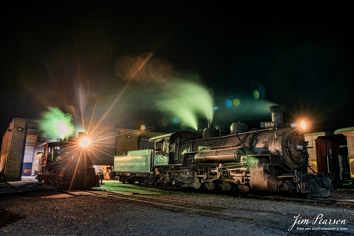 Cumbres and Toltec Scenic Railway 168 and 488 sit outside the engine house at Antonito, Colorado after a day of work. Night is a magical time to capture images anywhere, but this was during photoshoot hosted by Dak Dillion Photography on a two-day photo charter, between Antonito and Osier, CO, on October 19th, 2023.

Tech Info: Nikon D810, RAW, Nikon 10-24 @20mm, f/8, 20 seconds, ISO 64.

#trainphotographer #railroadphotographer #jimpearsonphotography #NikonD800 #digitalphotoart #steamtrain #ColoradoSteamTrain #ctsrr