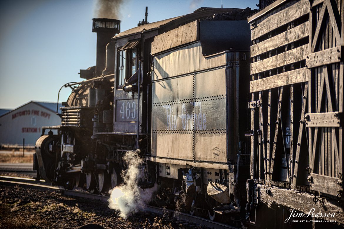 Cumbres & Toltec Scenic Railroad steam locomotive D&RGW 463 approaches the End of Standard Gauge crossing as it works at Antonito, Colorado with a passenger train after arriving back from Osier, Colorado, on the evening of October 19th, 2023.

According to their website: the Cumbres & Toltec Scenic Railroad is a National Historic Landmark.  At 64-miles in length, it is the longest, the highest and most authentic steam railroad in North America, traveling through some of the most spectacular scenery in the Rocky Mountain West.

Owned by the states of Colorado and New Mexico, the train crosses state borders 11 times, zigzagging along canyon walls, burrowing through two tunnels, and steaming over 137-foot Cascade Trestle. All trains steam along through deep forests of aspens and evergreens, across high plains filled with wildflowers, and through a rocky gorge of remarkable geologic formations. Deer, antelope, elk, fox, eagles and even bear are frequently spotted on this family friendly, off-the grid adventure.

Tech Info: Nikon D810, RAW, Nikon 70-300 @ 140mm, f/4.8, 1/2000, ISO 64.

#railroad #railroads #train #trains #bestphoto #railroadengines #picturesoftrains #picturesofrailway #bestphotograph #photographyoftrains #trainphotography #JimPearsonPhotography #steamtrains #CumbresAndToltecScenicRailroad