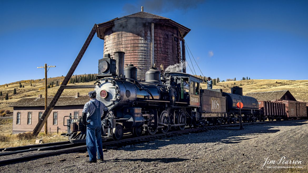 Cumbres & Toltec Scenic Railroad steam locomotive D&RGW 168 takes on water at Osier, Colorado, during a photo charter by Dak Dillon Photography on October 20th, 2023.

According to their website: the Cumbres & Toltec Scenic Railroad is a National Historic Landmark.  At 64-miles in length, it is the longest, the highest and most authentic steam railroad in North America, traveling through some of the most spectacular scenery in the Rocky Mountain West.

Owned by the states of Colorado and New Mexico, the train crosses state borders 11 times, zigzagging along canyon walls, burrowing through two tunnels, and steaming over 137-foot Cascade Trestle. All trains steam along through deep forests of aspens and evergreens, across high plains filled with wildflowers, and through a rocky gorge of remarkable geologic formations. Deer, antelope, elk, fox, eagles and even bear are frequently spotted on this family friendly, off-the grid adventure.

Tech Info: iPhone 14 Pro, RAW, Normal Lens, f/1.8, 1/3700, ISO 100.

#railroad #railroads #train #trains #bestphoto #railroadengines #picturesoftrains #picturesofrailway #bestphotograph #photographyoftrains #trainphotography #JimPearsonPhotography #CumbresToltecScenicRailroad #trending #iPhonePhotography