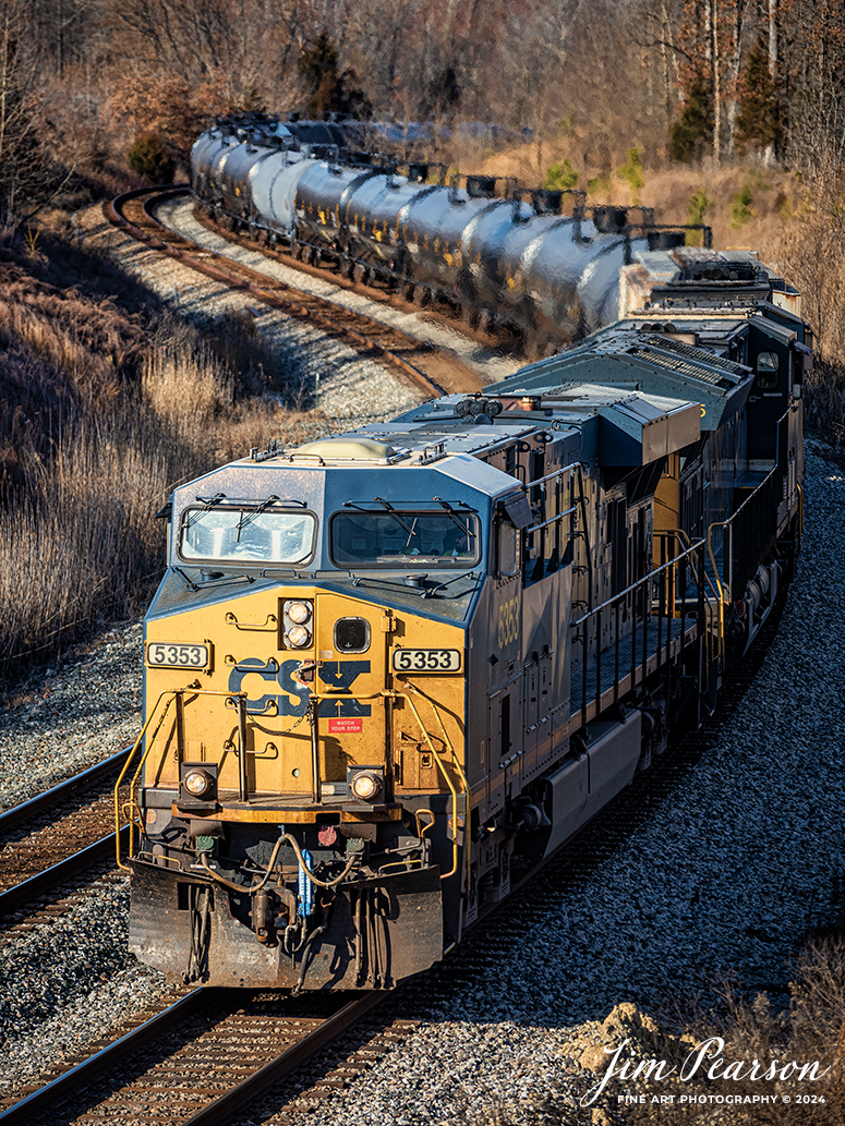 CSX locomotive 5353 leads loaded ethanol train B795 as the pass through the S curve at Nortonville, Kentucky as they head south on February 15th, 2023, on the Henderson Subdivision.

Tech Info: Nikon D810, RAW, Nikon 70-300 @ 145mm, f/4.8, 1/1250, ISO 180.

#trainphotography #railroadphotography #trains #railways #trainphotographer #railroadphotographer #jimpearsonphotography #NikonD810 #KentuckyTrains #CSX #CSXHendersonSubdivision #trending
