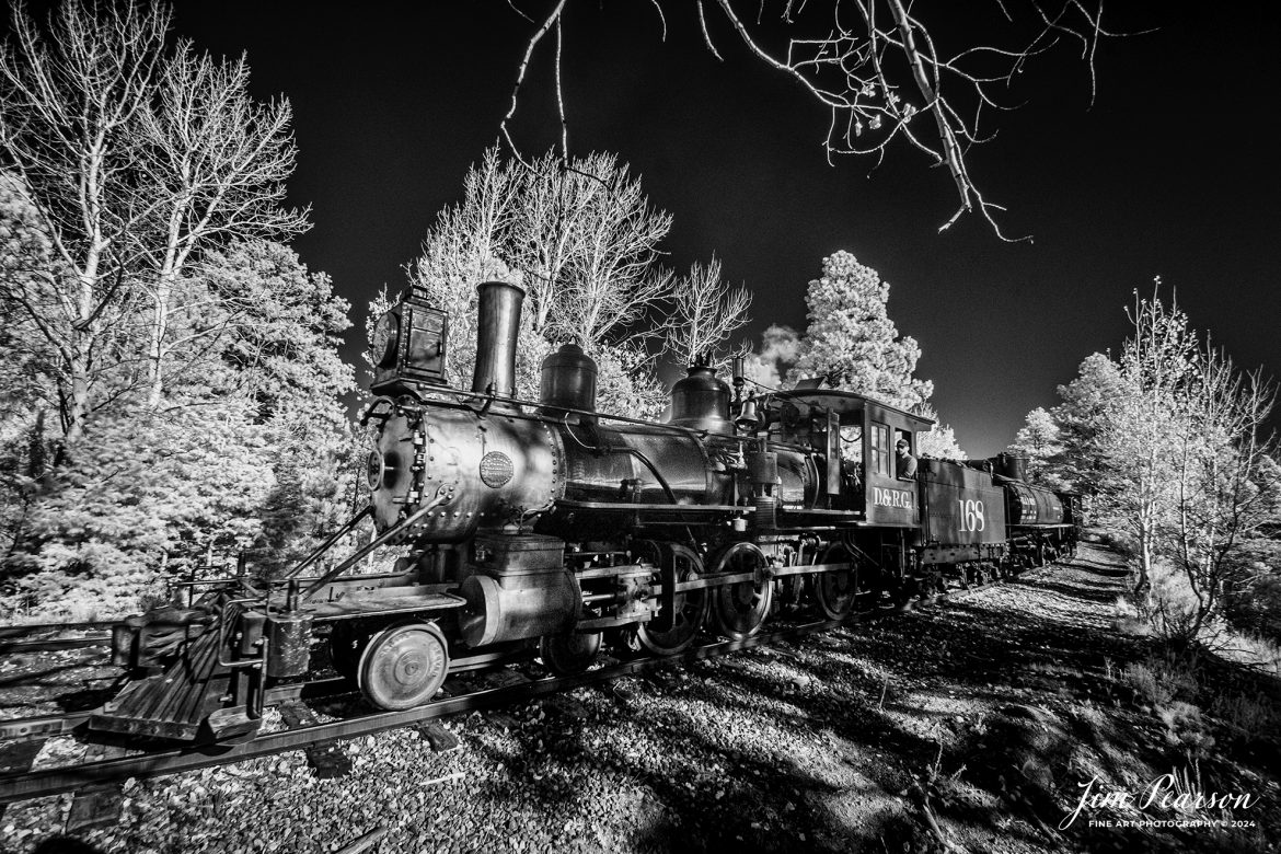 On October 20th, 2023, the crew on Denver and Rio Grande Western 463 rounds a curve with a freight train at the Big Horn Wye during a recent photo charter, between Antonito and Osier, Colorado.

According to History Colorado Website: Built in 1903 by the Baldwin Locomotive Works of Philadelphia, Engine No. 463 is one of only two remaining locomotives of the K-27 series originally built for and operated by the Denver & Rio Grande Western Railroad.

The K-27 series was a departure from the design most prevalent on Colorado’s narrow-gauge lines, resulting in a locomotive with one and one-half times more power.  The arrival of this series marked a significant turning point in the operation of the D&RGW’s narrow gauge lines that was to remain in effect until the end of Class I narrow gauge steam locomotion in 1968.  The Friends of the Cumbres & Toltec Scenic Railroad restored the engine to operating condition.

Tech Info: Fuji XT-1, RAW, Converted to 720nm B&W IR, Nikon 10-24mm @ 10mm, f/5.6, 1/340, ISO 400.

#trainphotography #railroadphotography #trains #railways #jimpearsonphotography #infraredtrainphotography #infraredphotography #trainphotographer #railroadphotographer #infaredtrainphotography #steamtrain #dsngrr #trending