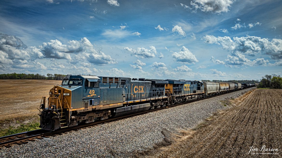CSXT 49 leads CSX M502 as it approaches the south end of Rankin, Ky, as they head north on April 8th, 2024, along the CSX Henderson Subdivision.

Tech Info: DJI Mavic 3 Classic Drone, RAW, 22mm, f/2.8, 1/2000, ISO 120.