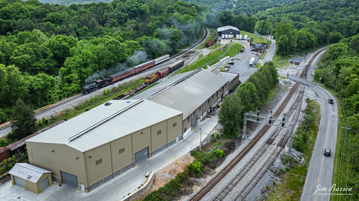 Tennessee Valley Railroad Museum’s steam locomotive Southern Railway 630 passes Allied Metal as it heads to west Chattanooga, Tennessee, on April 27th, 2024, also passing the CSX WA Subdivision to the right.

According to Wikipedia: Southern Railway 630 is a 2-8-0 "Consolidation" type steam locomotive built in February 1904 by the American Locomotive Company (ALCO) of Richmond, Virginia for the Southern Railway as a member of the Ks-1 class. It is currently owned and operated by the Tennessee Valley Railroad Museum in Chattanooga, Tennessee where it resides today for use on excursion trains.

The Tennessee Valley Railroad Museum was founded as a chapter of the National Railway Historical Society in 1960 by Paul H. Merriman and Robert M. Soule, Jr., along with a group of local railway preservationists. They wanted to save steam locomotives and railway equipment for future historical display and use. Today, the museum offers various tourist excursions from stations in Chattanooga and Etowah, Tennessee.

Tech Info: DJI Mavic 3 Classic Drone, RAW, 24mm, f/2.8, 1/2500, ISO 150.