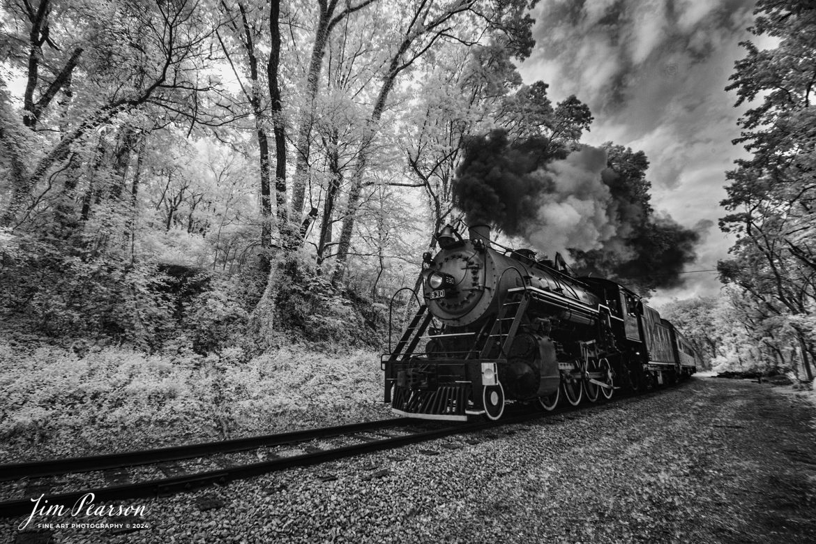 This week’s Saturday Infrared photo is of Tennessee Valley Railroad Museums' Southern Railway 630 steam locomotive as it heads to East Chattanooga, Tennessee on one of the many daily trains between East and West Chattanooga on April 27th, 2024.

According to Wikipedia: Southern Railway 630 is a 2-8-0 "Consolidation" type steam locomotive built in February 1904 by the American Locomotive Company (ALCO) of Richmond, Virginia for the Southern Railway as a member of the Ks-1 class. It is currently owned and operated by the Tennessee Valley Railroad Museum in Chattanooga, Tennessee where it resides today for use on excursion trains.

The Tennessee Valley Railroad Museum was founded as a chapter of the National Railway Historical Society in 1960 by Paul H. Merriman and Robert M. Soule, Jr., along with a group of local railway preservationists. They wanted to save steam locomotives and railway equipment for future historical display and use. Today, the museum offers various tourist excursions from stations in Chattanooga and Etowah, Tennessee.

Tech Info: Fuji XT-1, RAW, Converted to 720nm B&W IR, Nikon 10-24 @ 10mm, f/5.6, 1/500, ISO 400.

#trainphotography #railroadphotography #trains #railways #jimpearsonphotography #infraredtrainphotography #infraredphotography #trainphotographer #railroadphotographer #PassengerTrain #TennesseeValleyRailroadMuseum #TennesseeTrains #steamtrain #tvrm