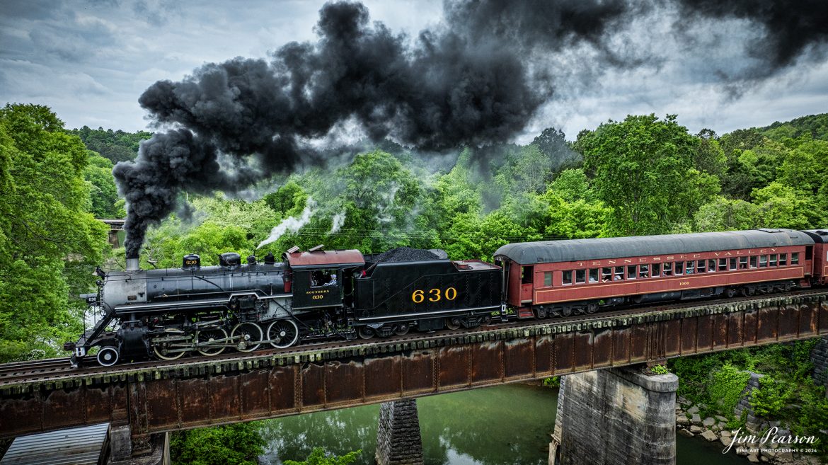 Tennessee Valley Railroad Museum’s steam locomotive Southern Railway 630 crosses over the Chickamauga Creek Bridge as it heads to Grand Junction at West Chattanooga, Tennessee, on April 27th, 2024.

According to Wikipedia: Southern Railway 630 is a 2-8-0 "Consolidation" type steam locomotive built in February 1904 by the American Locomotive Company (ALCO) of Richmond, Virginia for the Southern Railway as a member of the Ks-1 class. It is currently owned and operated by the Tennessee Valley Railroad Museum in Chattanooga, Tennessee where it resides today for use on excursion trains.

The Tennessee Valley Railroad Museum was founded as a chapter of the National Railway Historical Society in 1960 by Paul H. Merriman and Robert M. Soule, Jr., along with a group of local railway preservationists. They wanted to save steam locomotives and railway equipment for future historical display and use. Today, the museum offers various tourist excursions from stations in Chattanooga and Etowah, Tennessee.

Tech Info: DJI Mavic 3 Classic Drone, RAW, 24mm, f/2.8, 1/2500, ISO 330.