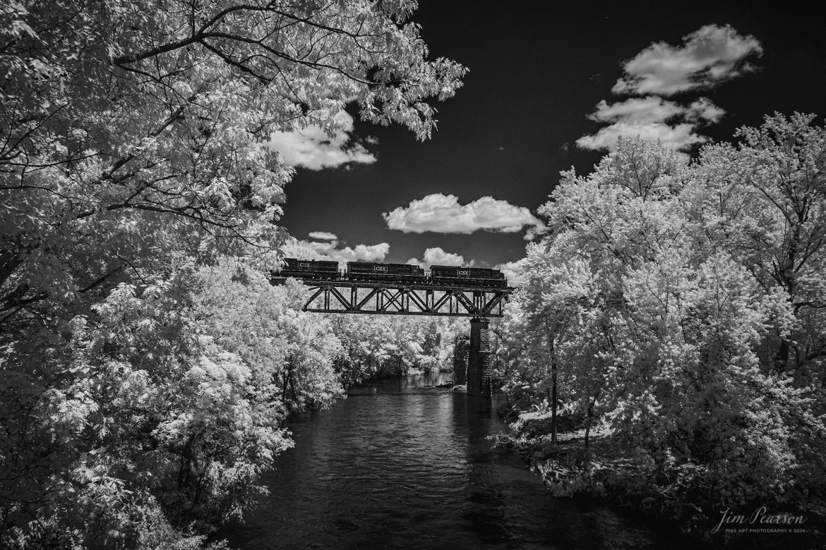 In this week’s Saturday Infrared photo, we catch CSXT 3170 leading CSX I025 south as they cross over the Red River, just north of Adams, Tennessee on May 30th, 2024, on the CSX Henderson Subdivision.

Tech Info: Fuji XT-1, RAW, Converted to 720nm B&W IR, Nikon 10-24mm @ 17mm, f/5.6, 1/950., ISO 400.

#trainphotography #railroadphotography #trains #railways #jimpearsonphotography #infraredtrainphotography #infraredphotography #trainphotographer #railroadphotographer #infaredtrainphotography #csxt #intermodal #trending