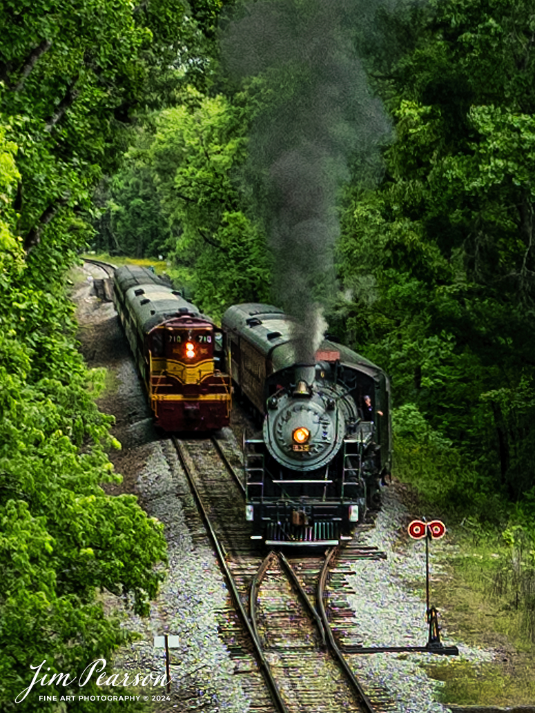 Tennessee Valley Railroad Museum’s steam locomotive Southern Railway 630 pulls east from the siding around a westbound on the main, as it heads to East Chattanooga, Tennessee with a trainload of passengers, on April 27th, 2024. 

According to Wikipedia: Southern Railway 630 is a 2-8-0 "Consolidation" type steam locomotive built in February 1904 by the American Locomotive Company (ALCO) of Richmond, Virginia for the Southern Railway as a member of the Ks-1 class. It is currently owned and operated by the Tennessee Valley Railroad Museum in Chattanooga, Tennessee where it resides today for use on excursion trains.

The Tennessee Valley Railroad Museum was founded as a chapter of the National Railway Historical Society in 1960 by Paul H. Merriman and Robert M. Soule, Jr., along with a group of local railway preservationists. They wanted to save steam locomotives and railway equipment for future historical display and use. Today, the museum offers various tourist excursions from stations in Chattanooga and Etowah, Tennessee.

Tech Info: DJI Mavic 3 Classic Drone, RAW, 24mm, f/2.8, 1/640, ISO 110.

#trainphotography #railroadphotography #trains #railways #trainphotographer #railroadphotographer #jimpearsonphotography #PassengerTrain #TennesseeValleyRailroadMuseum #TennesseeTrains #steamtrain #tvrm