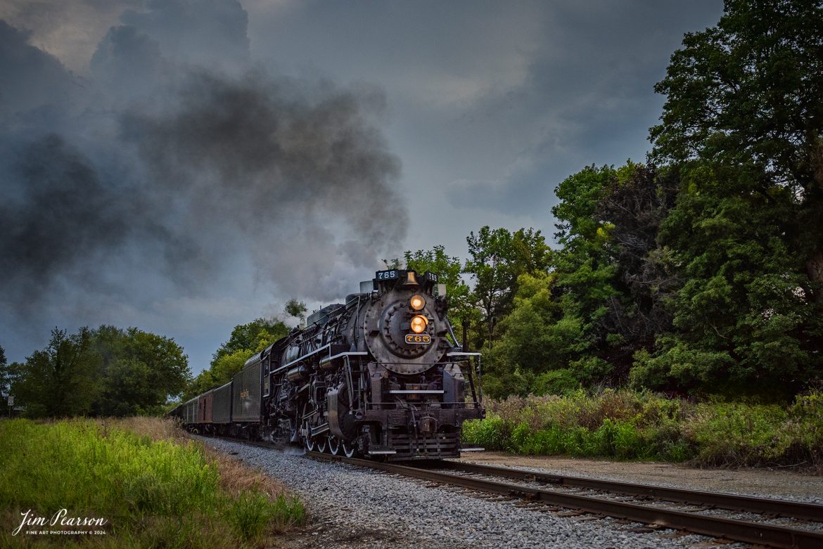 August 30th, 2024, Steam locomotive Nickel Plate 765 leads “The Limited” through the Indiana countryside, on a late evening passenger train run to Reading, Michigan, as part of Indiana Rail Experience’s Rolling Victory Weekend.

According to their website: Rolling Victory was a three-day living history event celebrating American military, railroad, and home front history featuring vintage train rides, World War II reenactors, battles, a big band orchestra, and an immersive and educational experience for all ages in Pleasant Lake, Indiana.

Tech Info: Nikon D810, RAW, Nikon 24-70 @ 24mm, f/2.8, 1/4000, ISO 500.

#railroad #railroads #train, #trains #railway #railway #steamtrains #railtransport #railroadengines #picturesoftrains #picturesofrailways #besttrainphotograph #bestphoto #photographyoftrains #bestsoldpicture #JimPearsonPhotography #steamtrains #nkp765 #passengertrains