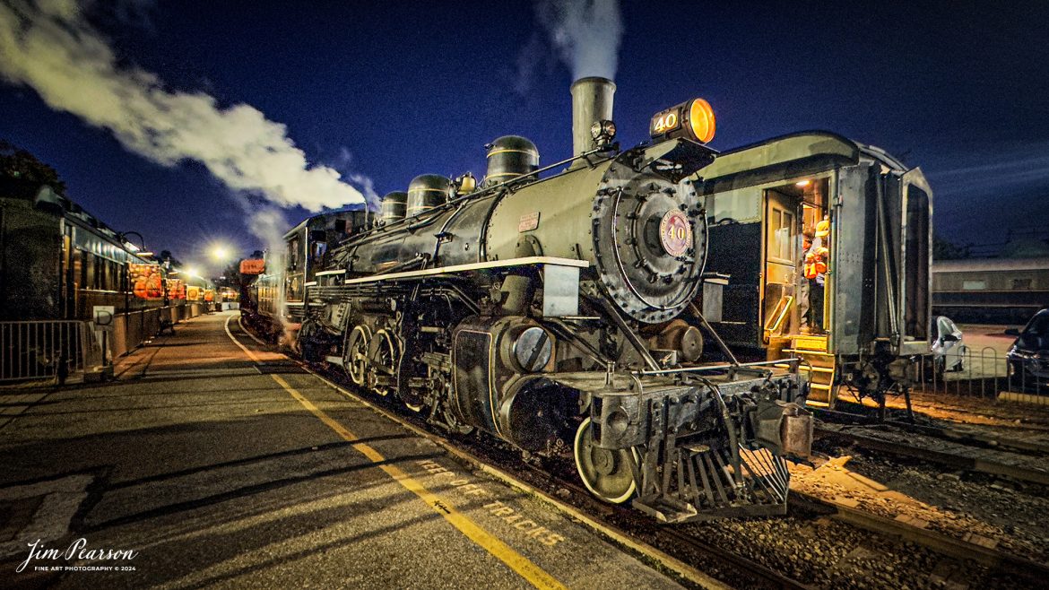 The Valley Railroad steam engine 40 sits in the station at Essex, Connecticut during the night photo shoot by Dak Dillion Photography on October 8th, 2024.

According to Wikipedia: The Valley Railroad, operating under the name Essex Steam Train and Riverboat, is a heritage railroad based in Connecticut on tracks of the Connecticut Valley Railroad, which was founded in 1868. The company began operations in 1971 between Deep River and Essex and has since reopened additional parts of the former Connecticut Valley Railroad line. It operates the Essex Steam Train and the Essex Clipper Dinner Train.

Valley Railroad #40 is a ALCO 2-8-0 that was built in 1923. It was built as Portland, Astoria and Pacific No. 101, but never used there; transferred to Minarets and Western Railroad in 1921, later to Southern Pacific, then to the Aberdeen and Rockfish Railroad. Purchased by the Valley Railroad in 1977.

Tech Info: iPhone 14 Pro, 6.9 (24mm), f/2.2, 1/8, ISO 1600, JPG.

#trainphotography #railroadphotography #trains #railways #iphonephotography #trainphotographer #railroadphotographer #jimpearsonphotography #thevalleyrailroad #steamtrains #iphone14pro