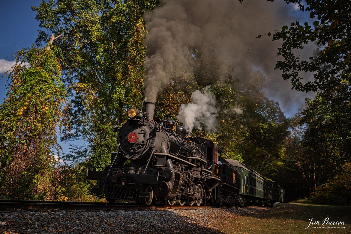 The Valley Railroad Company #97 heads through the countryside out of Essex, Connecticut with a passenger train on October 9th, 2024, as part of a two-day photo charter conducted by Dak Dillion Photography.

According to Wikipedia: The Valley Railroad, operating under the name Essex Steam Train and Riverboat, is a heritage railroad based in Connecticut on tracks of the Connecticut Valley Railroad, which was founded in 1868. The company began operations in 1971 between Deep River and Essex and has since reopened additional parts of the former Connecticut Valley Railroad line. It operates the Essex Steam Train and the Essex Clipper Dinner Train.

Tech Info: Nikon D810, RAW, Nikon 24-70 @ 28mm, f/3.5, 1/3200, ISO 400.

#photographyoftrains #trainphotography #JimPearsonPhotography #trendingphoto #thevalleyroadcompany