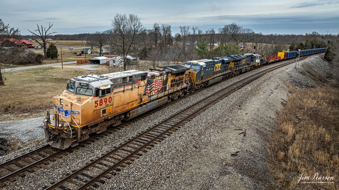 Union Pacific 5890 leads CSX W017, a brand new loaded continuous rail train, as it heads south from the north end of Kelly, Kentucky on March 4th, 2025, on the CSX Henderson Subdivision.

Tech Info: DJI Mavic 3 Classic Drone, RAW, 22mm, f/2.8, 1/1000, ISO 110.

#railroad #railroads #train, #trains #railway #railway #railtransport #railroadengines #picturesoftrains #picturesofrailways #besttrainphotograph #bestphoto #photographyoftrains #bestsoldpicture #JimPearsonPhotography #trainsfromadrone #trainderailment #csxhendersonsubdivision #onecsx