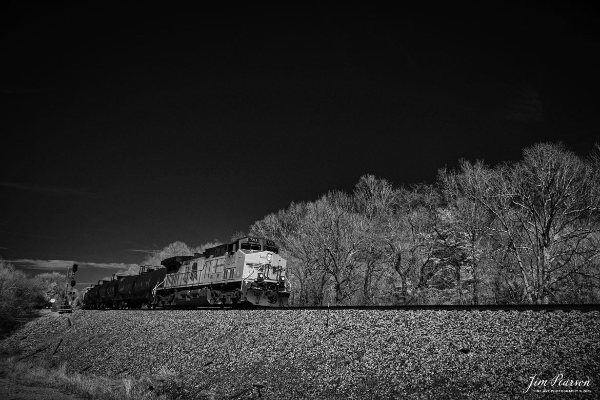 In this week’s Saturday Infrared photo, we catch Union pacific 7212 leading CSX M813 as it passes through the north end of the siding at Kelly, Kentucky, on the CSX Henderson Subdivision, on March 18th, 2025.

Tech Info: Fuji XT-1, RAW, Converted to 720nm B&W IR, Nikon 10-24 @15mm, f/5, 1/500, ISO 400.

#trainphotography #railroadphotography #trains #railways #jimpearsonphotography #infraredtrainphotography #infraredphotography #trainphotographer #railroadphotographer #infaredtrainphotography #trending