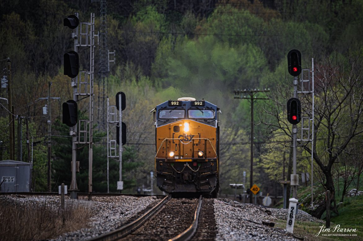 CSXT 992 pulls through Mortons Junction as it leads CSX E302, empty coal train, northbound bound at Mortons Gap, Kentucky, on the CSX Henderson Subdivision, on March 31st, 2025, with a hint of spring in the trees.

Tech Info: Nikon Z6ii, RAW, Sigma 150-600 @ 550mm, f6.3, 1/1250, ISO 800.

#photographyoftrains #bestsoldpicture #JimPearsonPhotography #oneCSX