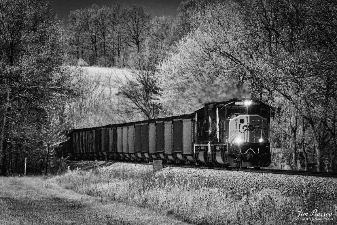 This week’s Saturday Infrared photo is of CSX loaded coal train C015 as it heads south out of Sebree, Kentucky on April 8th, 2025, on the CSX Henderson Subdivision.

This train runs from Evansville, IN via the Evansville Western Railway from and loads at White Oak mine, to Seminole Electric - Palakta (Bostwick), FL and runs on a as needed basis.

Tech Info: Fuji XT-1, RAW, Converted to 720nm B&W IR, Sigma 150-600 @ 320mm, f/5.6, 1/1000, ISO 400.

#trainphotography #railroadphotography #trains #railways #jimpearsonphotography #infraredtrainphotography #infraredphotography #trainphotographer #railroadphotographer