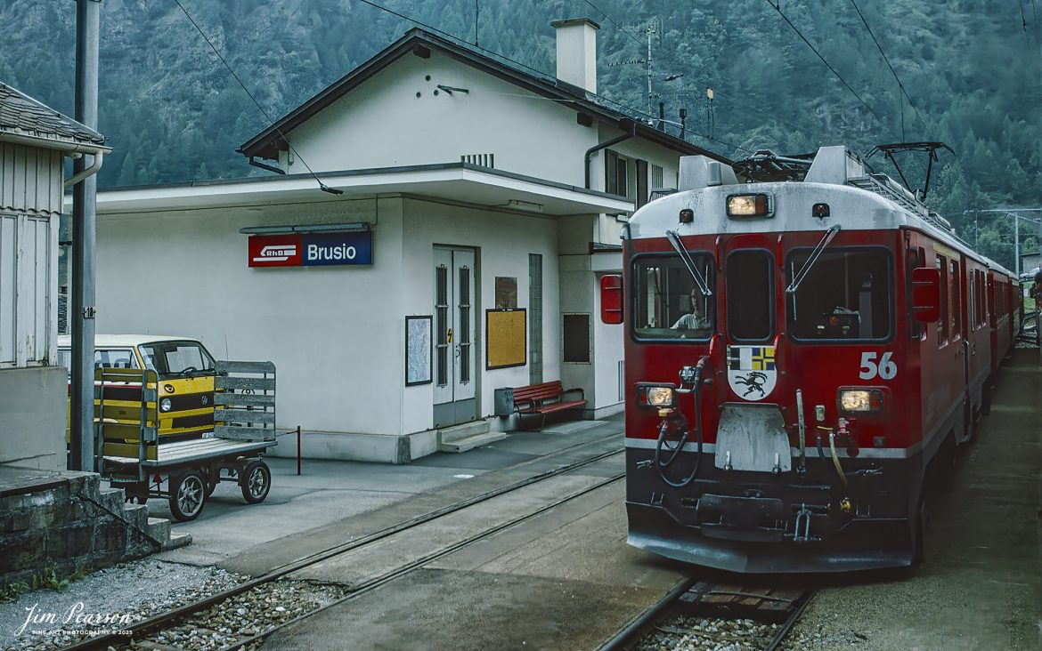 Film Wednesday – 1993 – Today’s slide scans are from a trip I took between Aviano, Italy and Zermatt, Switzerland. This was done from my window of opposing train 56 meeting us at the Brusio, Switzerland as I was headed to Zermatt on the Glacier Express.

According to Wikipedia: Brusio railway station is a railway station in the municipality of Brusio, in the Swiss canton of Graubünden. It is located on the 1,000 mm (3 ft 3+3⁄8 in) metre gauge Bernina line of the Rhaetian Railway. Hourly services operate on this line and it is about 200 miles from my destination.

The Glacier Express is a direct Panorama Express train connecting railway stations of the two major mountain resorts of Zermatt and St. Moritz via Andermatt in the central Swiss Alps. The train provides a one-seat ride for an 8-hour end-to-end 291-kilometre (181 mi) journey and omits stops made by local trains. The Glacier Express has been called the 'slowest express train in the world'. As St. Moritz and Zermatt are home to two well-known mountains, the Glacier Express is also said to travel from Matterhorn to Piz Bernina.

Tech Info: Camera, Nikon F3, Kodachrome Slide Film, no other data recorded, Scanned with a PlusTek 82001i Film Scanner.

#slidescan #filmphotography #trains #railroads #jimpearsonphotography #FilmPhotography