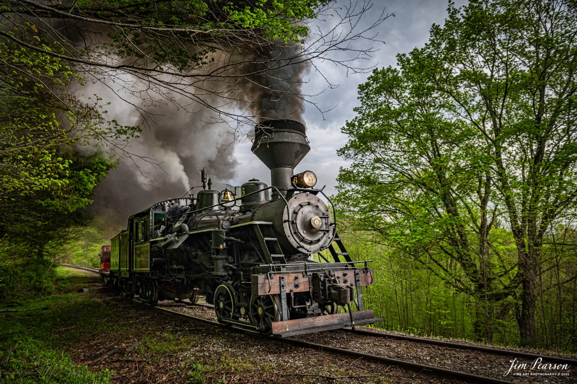 Cass Scenic Railroad Heisler #6 pulls up the hill through a S curve as they head for Bald Knob, WV during the Cass Spring Photographers Special, from Cass, West Virginia on May 3rd, 2025. 

According to the Mountain Rail West Virginia Website: The Meadow River Lumber No. 6 was built by the Heisler Locomotive Works in Erie, PA, in 1929 for the Bostonia Coal & Clay Products Company of New Bethlehem, PA.

The Heisler was sold to the Meadow River Lumber Company at Rainelle, WV in 1939, where it was rostered as No. 6. She retired from the lumber company in 1965 and was purchased by the purchased it by the state of West Virginia purchased. The engine ran under its own steam from Rainelle to its new home in Cass in December 1966. No. 6 would begin operating on the railroad in 1968. The Heisler is the fastest geared locomotive in the Cass collection.

Tech Info: Nikon Z6ii, RAW, Nikon 24-70 @ 24mm, f/4, 1/640, ISO 400.

#railroad #railroads #train, #trains #railway #railway #railtransport #railroadengines #picturesoftrains #picturesofrailways #besttrainphotograph #bestphoto #photographyoftrains #bestsoldpicture #JimPearsonPhotography #steamtrain #casssenicrailroad