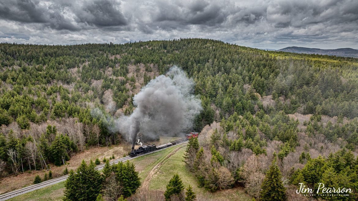 Cass Scenic Railway Heisler #6 pulls toward Bald Knob during the Cass Spring Photographers Special, out of Cass, West Virginia on May 3rd, 2025. This is the first of a lot of photos you have to look forward to from this trip I’m currently on here in West Virginia. 
According to the Mountain Rail West Verging Website: The Meadow River Lumber No. 6 was built by the Heisler Locomotive Works in Erie, PA, in 1929 for the Bostonia Coal & Clay Products Company of New Bethlehem, PA.

The Heisler was sold to the Meadow River Lumber Company at Rainelle, WV in 1939, where it was rostered as No. 6. She was retired from the lumber company in 1965 and purchased by the State of West Virginia. The engine ran under its own steam from Rainelle to its new home in Cass in December 1966. No. 6 would begin operating on the railroad in 1968. The Heisler is the fastest geared locomotive in the Cass collection.

Tech Info: DJI Mavic 3 Classic Drone, RAW, 24mm, f/2.8, 1/2500, ISO 230.

#railroad #railroads #train, #trains #railway #railway #steamtrains #railtransport #railroadengines #picturesoftrains #picturesofrailways #besttrainphotograph #bestphoto #photographyoftrains #bestsoldpicture #JimPearsonPhotography #trainsfromtheair #trainsfromadrone #cassscenicrailway