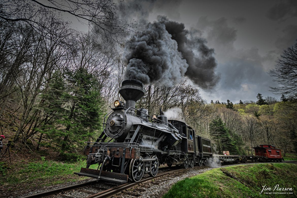 Cass Scenic Railroad Heisler #6 pulls up hill from the emergency water tank as they head for Bald Knob, WV during the Cass Spring Photographers Special, from Cass, West Virginia on May 3rd, 2025. 

According to the Mountain Rail West Virginia Website: The Meadow River Lumber No. 6 was built by the Heisler Locomotive Works in Erie, PA, in 1929 for the Bostonia Coal & Clay Products Company of New Bethlehem, PA.

The Heisler was sold to the Meadow River Lumber Company at Rainelle, WV in 1939, where it was rostered as No. 6. She retired from the lumber company in 1965 and was purchased by the purchased it by the state of West Virginia purchased. The engine ran under its own steam from Rainelle to its new home in Cass in December 1966. No. 6 would begin operating on the railroad in 1968. The Heisler is the fastest geared locomotive in the Cass collection.

Tech Info: Nikon Z6ii, RAW, Nikon 10=24@ 10mm, f/4.5, 1/640, ISO 280.

#railroad #railroads #train, #trains #railway #railway #railtransport #railroadengines #picturesoftrains #picturesofrailways #besttrainphotograph #bestphoto #photographyoftrains #bestsoldpicture #JimPearsonPhotography #steamtrain #casssenicrailroad