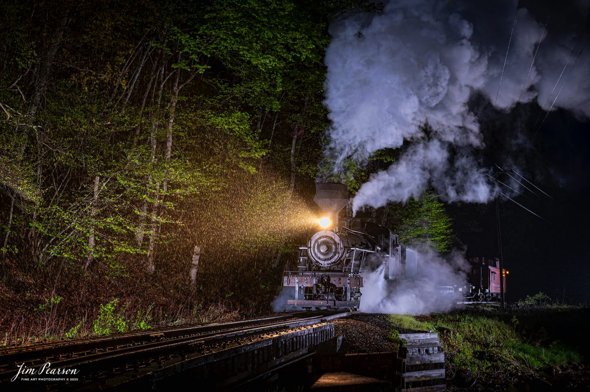 Cass Scenic Railroad Heisler #6 pulls across the bridge in a light rain at Leatherbark Creek during a night photo shoot as part of the Cass Spring Photographers Special, at Cass, West Virginia on May 3rd, 2025. 

According to the Mountain Rail West Virginia Website: The Meadow River Lumber No. 6 was built by the Heisler Locomotive Works in Erie, PA, in 1929 for the Bostonia Coal & Clay Products Company of New Bethlehem, PA.

The Heisler was sold to the Meadow River Lumber Company at Rainelle, WV in 1939, where it was rostered as No. 6. She retired from the lumber company in 1965 and was purchased by the purchased it by the state of West Virginia purchased. The engine ran under its own steam from Rainelle to its new home in Cass in December 1966. No. 6 would begin operating on the railroad in 1968. The Heisler is the fastest geared locomotive in the Cass collection.

Tech Info: Nikon Z6ii, RAW, Nikon 24-70 @ 38mm, f/2.8, 1/160, ISO 10,000.

#railroad #railroads #train, #trains #railway #railway #railtransport #railroadengines #picturesoftrains #picturesofrailways #besttrainphotograph #bestphoto #photographyoftrains #bestsoldpicture #JimPearsonPhotography #steamtrain #casssenicrailroad
