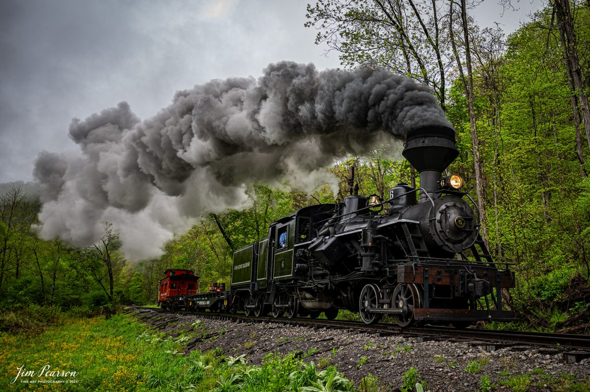 Engineer Noah Barkley keeps a watchful eye on the track ahead from Cass Scenic Railway Heisler #6 as they pull through the countryside at Wanless on the way to Durban, West Virginia, during the Cass Spring Photographers Special, from Cass, West Virginia on May 4th, 2025. 

According to the Mountain Rail West Virginia Website: The Meadow River Lumber No. 6 was built by the Heisler Locomotive Works in Erie, PA, in 1929 for the Bostonia Coal & Clay Products Company of New Bethlehem, PA.

The Heisler was sold to the Meadow River Lumber Company at Rainelle, WV in 1939, where it was rostered as No. 6. She retired from the lumber company in 1965 and was purchased by the purchased it by the state of West Virginia purchased. The engine ran under its own steam from Rainelle to its new home in Cass in December 1966. No. 6 would begin operating on the railroad in 1968. The Heisler is the fastest geared locomotive in the Cass collection.

Tech Info: Nikon Z6ii, RAW, Nikon 24-70 @ 24mm, f/5.3, 1/160, ISO 100.

#railroad #railroads #train, #trains #railway #railway #railtransport #railroadengines #picturesoftrains #picturesofrailways #besttrainphotograph #bestphoto #photographyoftrains #bestsoldpicture #JimPearsonPhotography #steamtrain #casssenicrailway